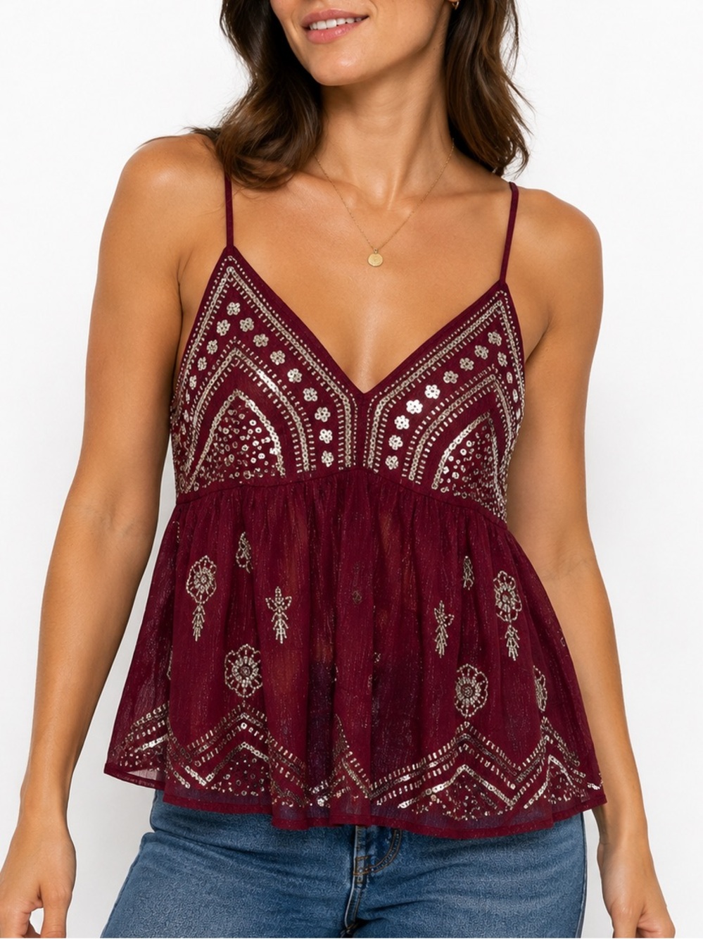 Lizette Collection XS Burgundy Beaded Sequin Babydoll Cami Boho Festival Y2K Top